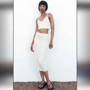 NWT Zara white matching Coord set Cropped Knit rib top & midi skirt M